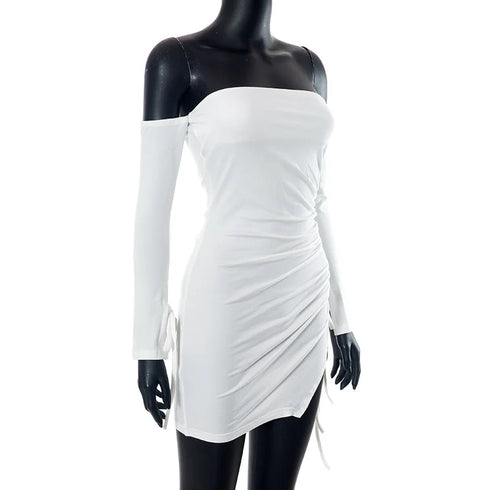 Sexy Off Shoulder Long Sleeve Pleated Tight Fit Dress for Women Party Club Evening